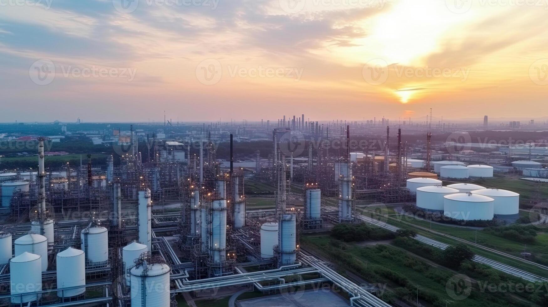 aérien Haut vue de usine gare, pétrole carburant espace de rangement réservoir, pétrole raffinerie, manufacture, industriel processus plante pétrole raffinerie pour énergie avec génératif ai. photo