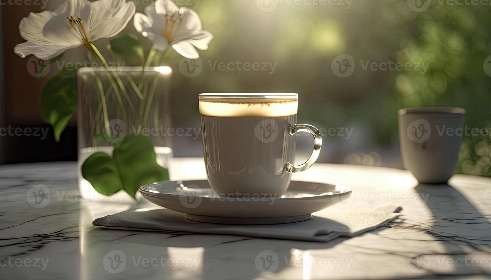 café dans tasse sur en bois table avec fleurs dans printemps saison, calme et se détendre café, chaud boisson, Matin les boissons avec génératif ai. photo