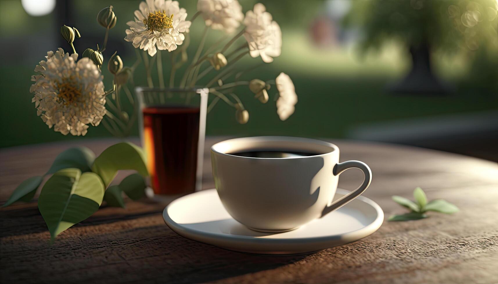 café dans tasse sur en bois table avec fleurs dans printemps saison, calme et se détendre café, chaud boisson, Matin les boissons avec génératif ai. photo