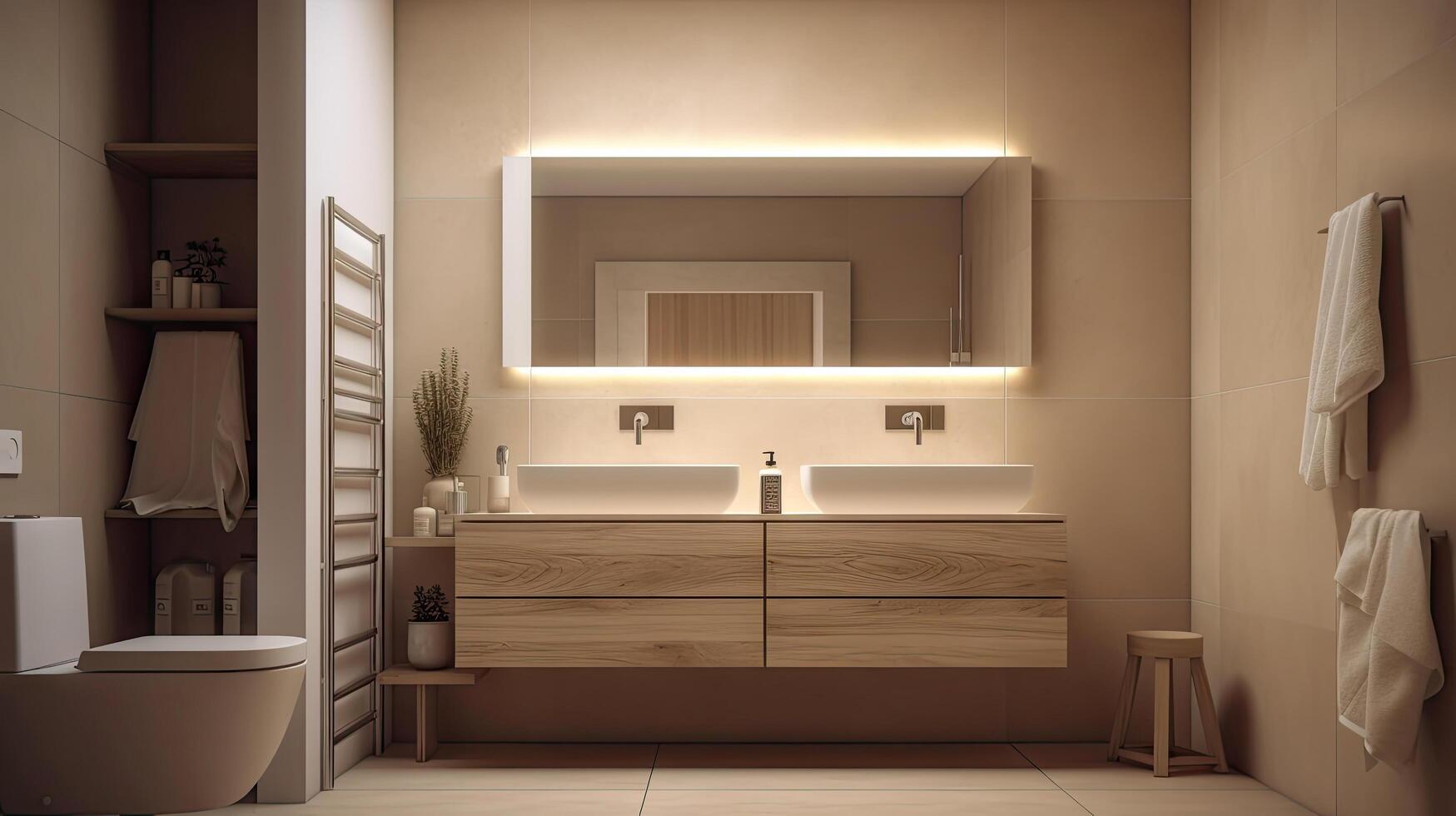 minimal intérieur conception salle de bains avec beige confortable Ton style, décorer avec en bois décor, baignoire, couler, les serviettes, et marron Ton arrière-plan, vide mur pour moquer en haut et bannière, avec génératif ai. photo