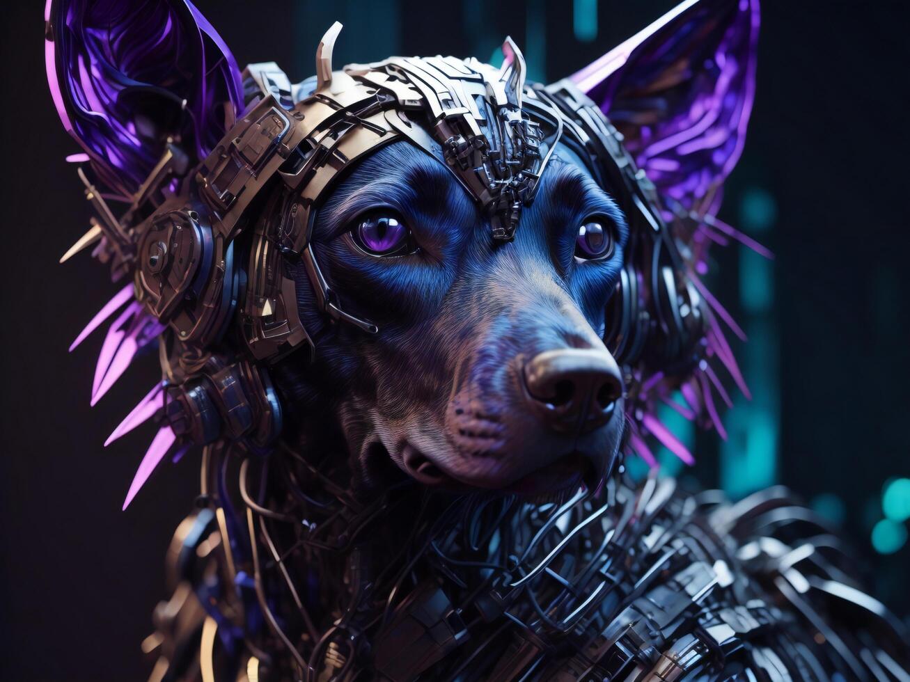 futuriste portrait de une noir chien avec métal chaîne. foncé Contexte. génératif ai photo