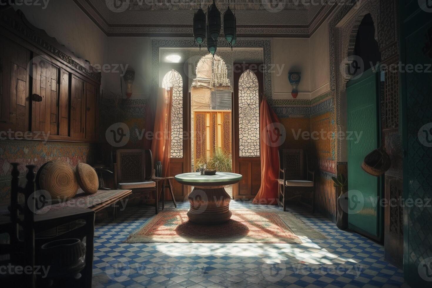 intérieur de le coloré marocain riad, établi avec génératif ai photo