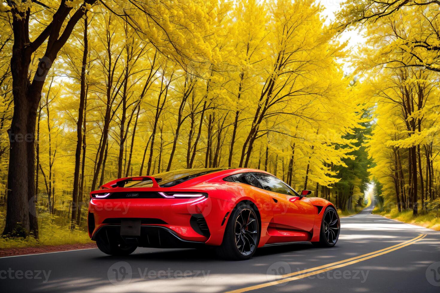 une rouge des sports voiture disques le long de une route dans une forêt avec des arbres dans le arrière-plan, Jaune l'automne des arbres. génératif ai photo