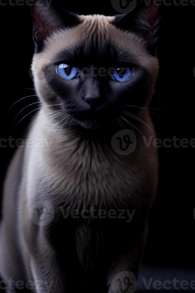 Siamois chat avec bleu yeux est assis sur une noir arrière-plan, bleu yeux, portrait, gothique. génératif ai, génératif, ai photo