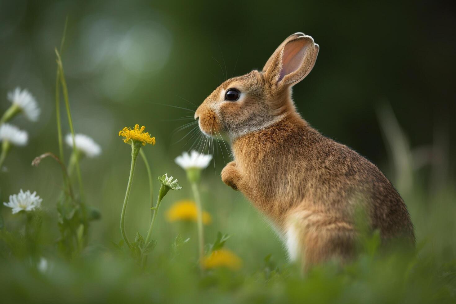 une marron lapin séance dans une champ de fleurs, génératif ai photo