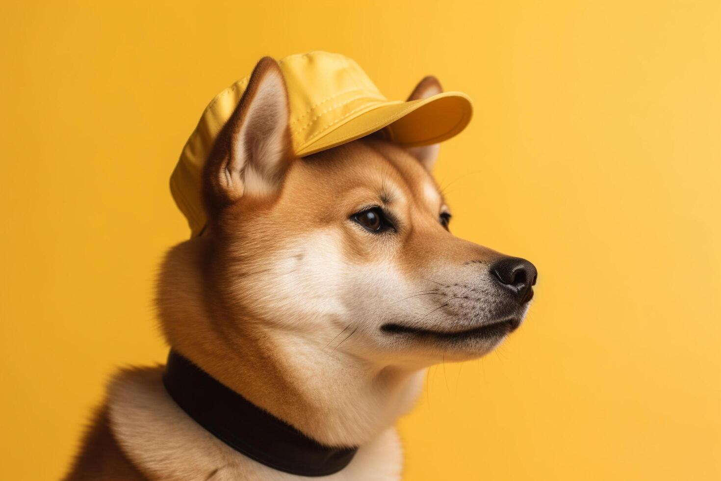 shiba inu chien portant une chapeau sur Jaune arrière-plan, génératif ai photo