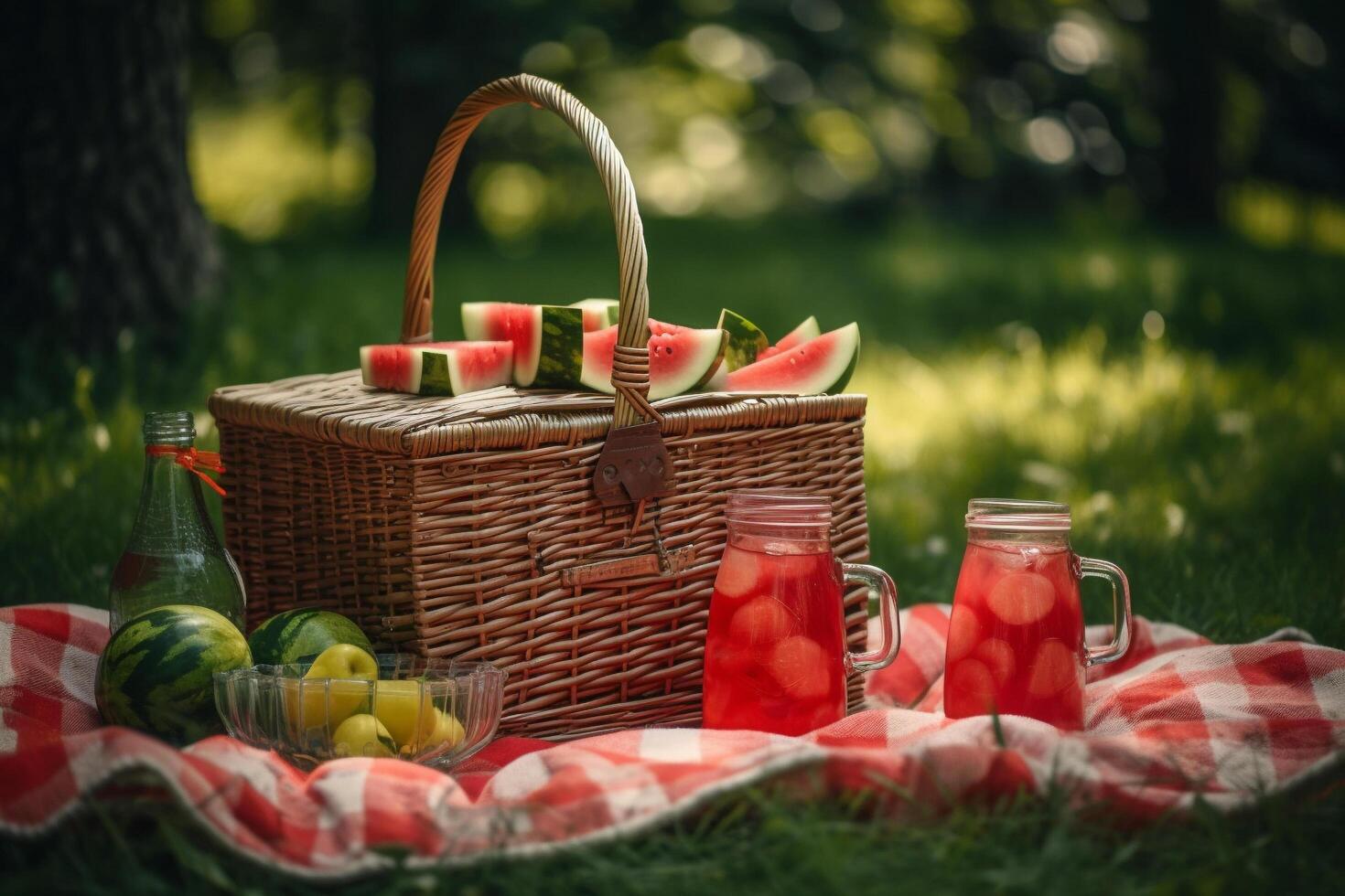 une pique-nique panier avec pastèque jus et pastèque tranches, génératif ai photo