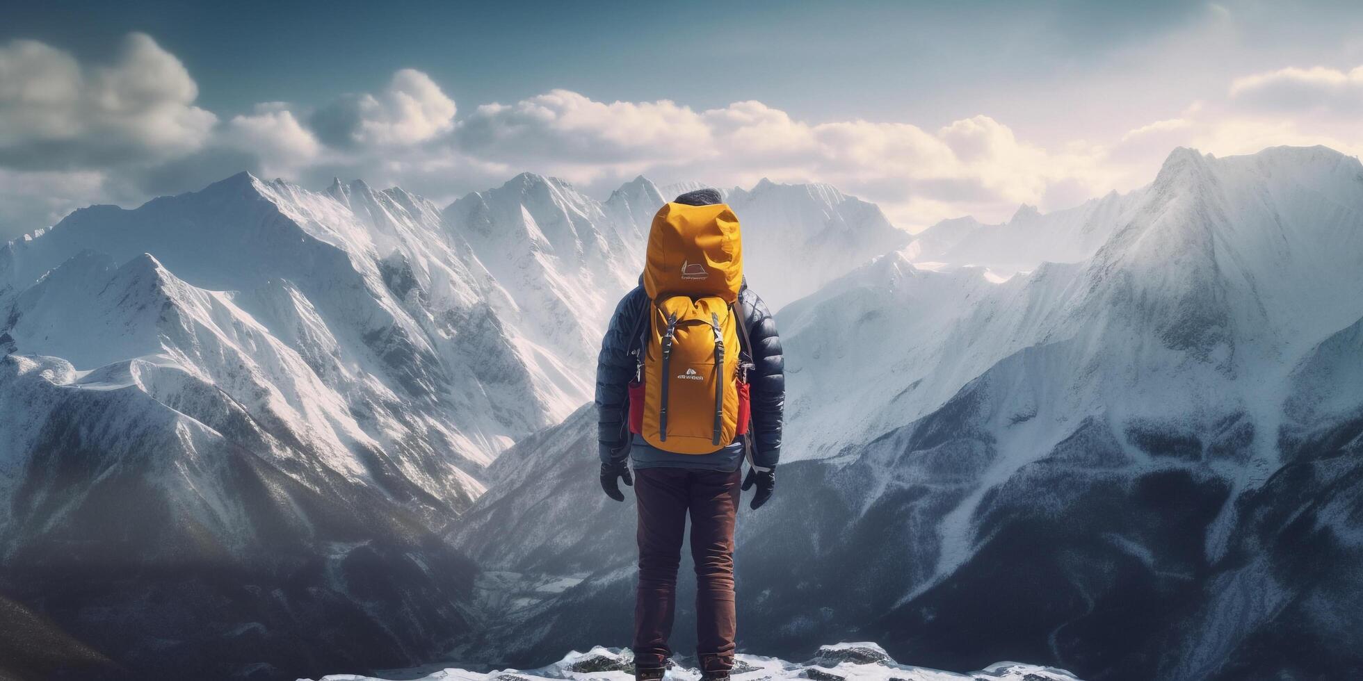 le fermer vue de une homme avec sac à dos qui supporter dans de face de haute Montagne avec ai généré. photo