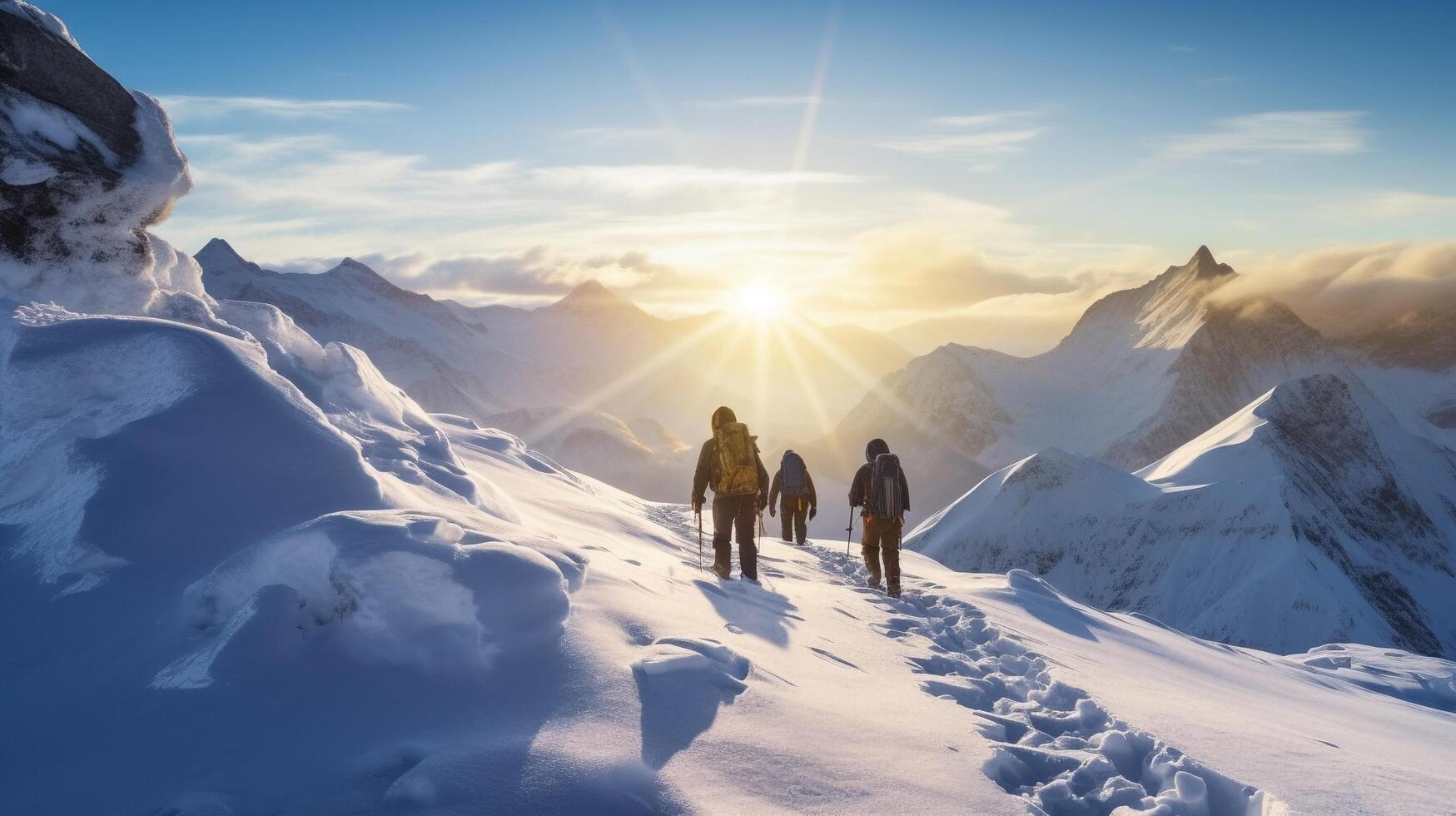 groupe de gens randonnée dans hiver montagnes avec raquettes et sacs à dos avec ai généré. photo