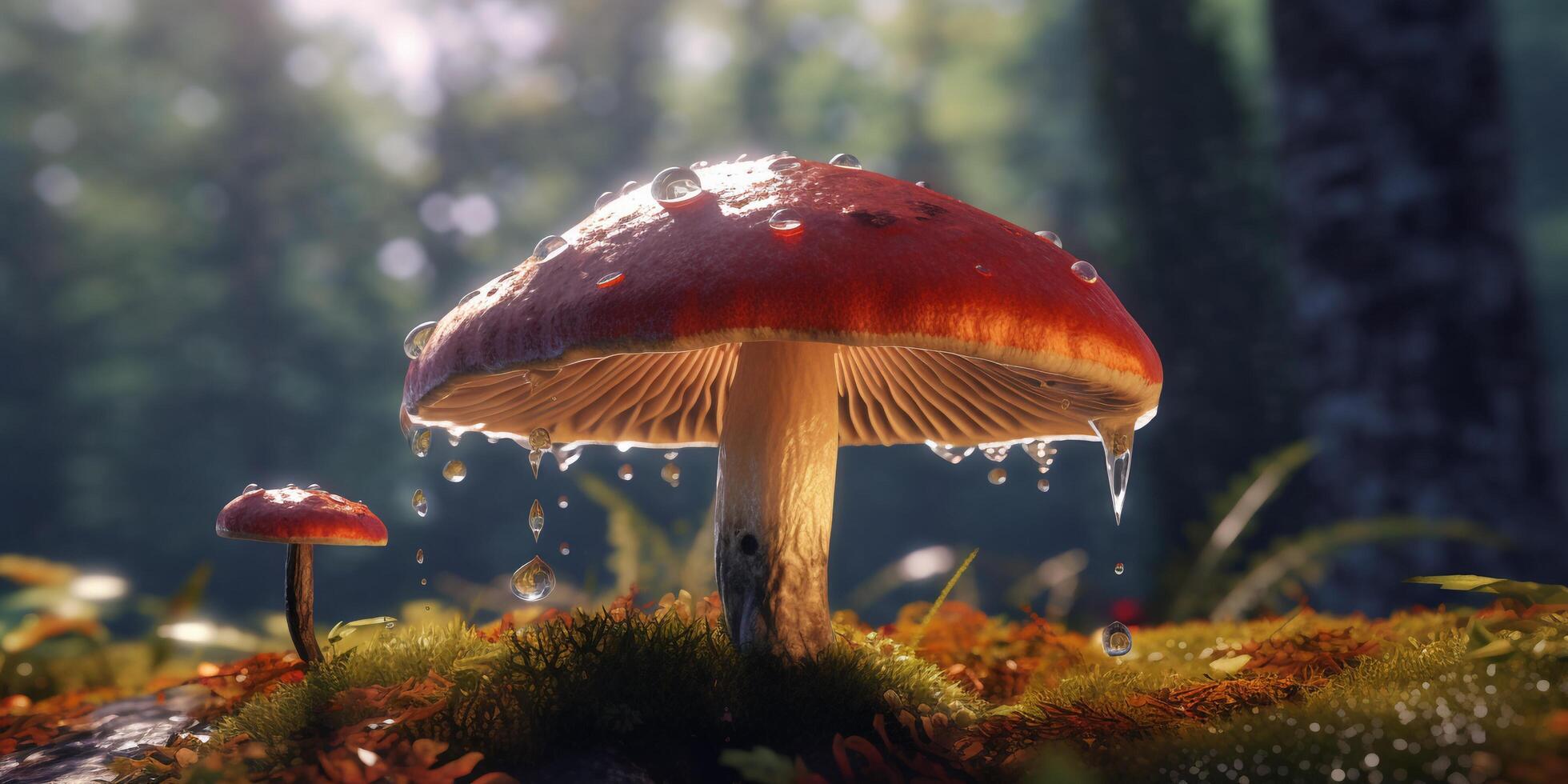 champignon avec gouttes de pluie dans le forêt avec ai généré. photo