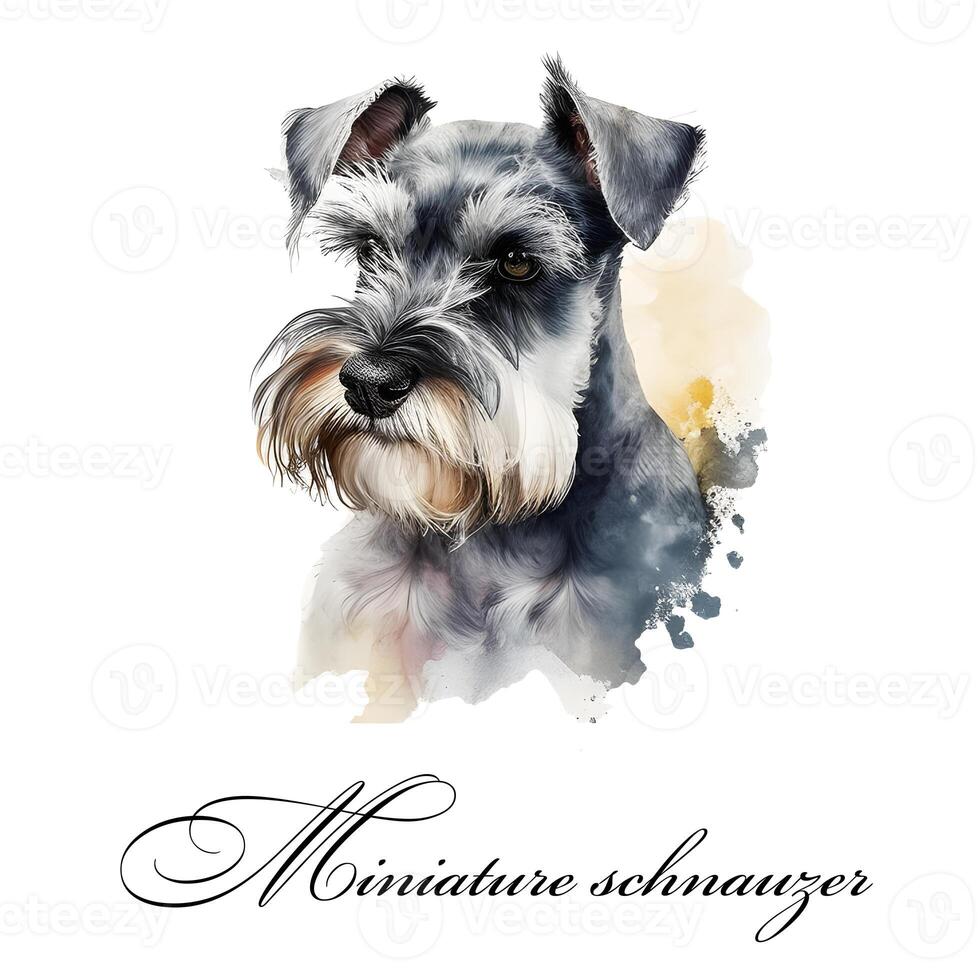 aquarelle ai généré illustration de une Célibataire chien race miniature schnauzer. guider chien, une invalidité assistance chien. aquarelle animal collection de chiens. chien portrait. illustration de animal de compagnie. photo