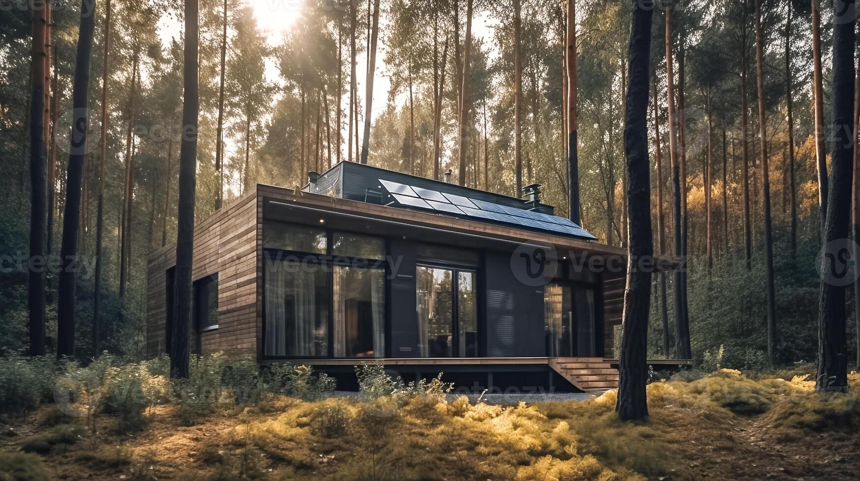 moderne petit maison avec solaire panneaux dans le forêt. ai généré illustration photo