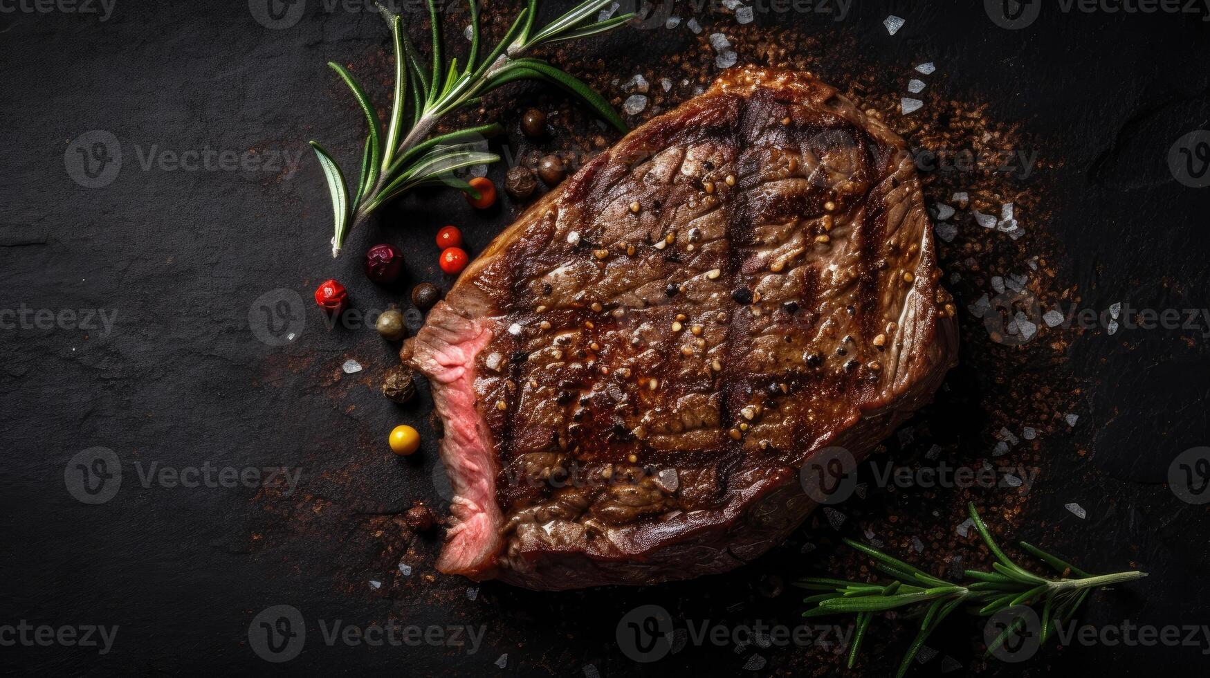 steak sur une foncé en bois base avec épices. ai généré illustration photo