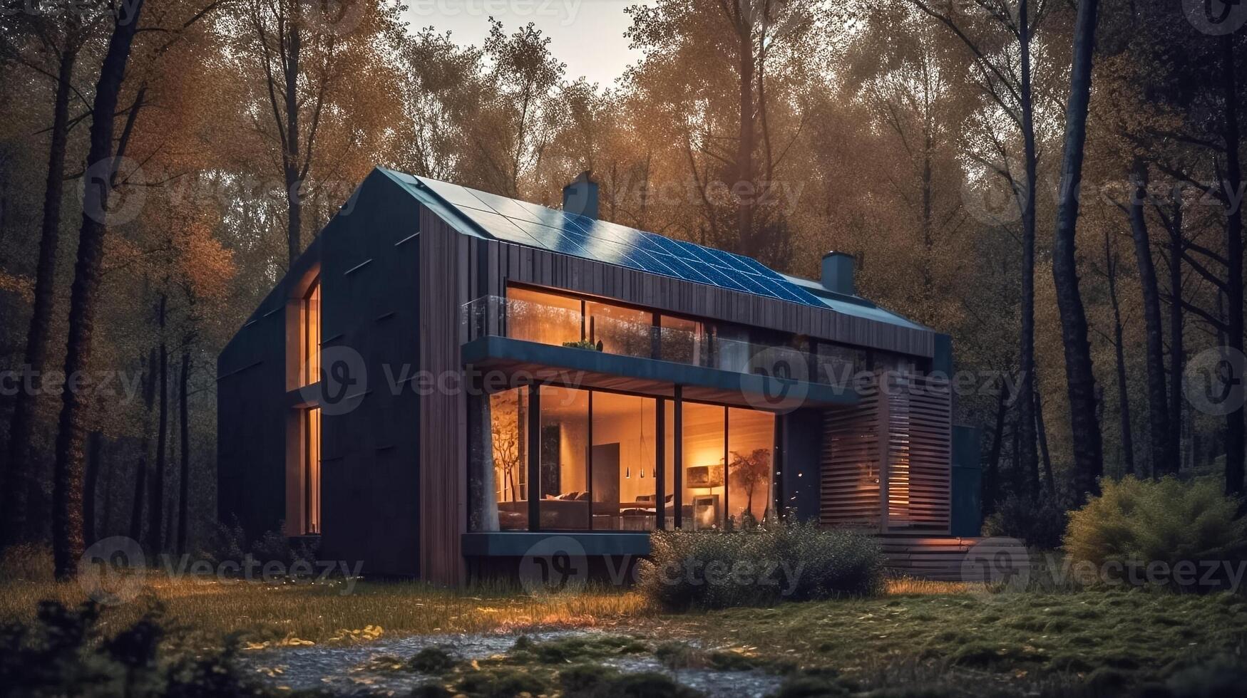 moderne petit maison avec solaire panneaux dans le forêt. ai généré illustration photo