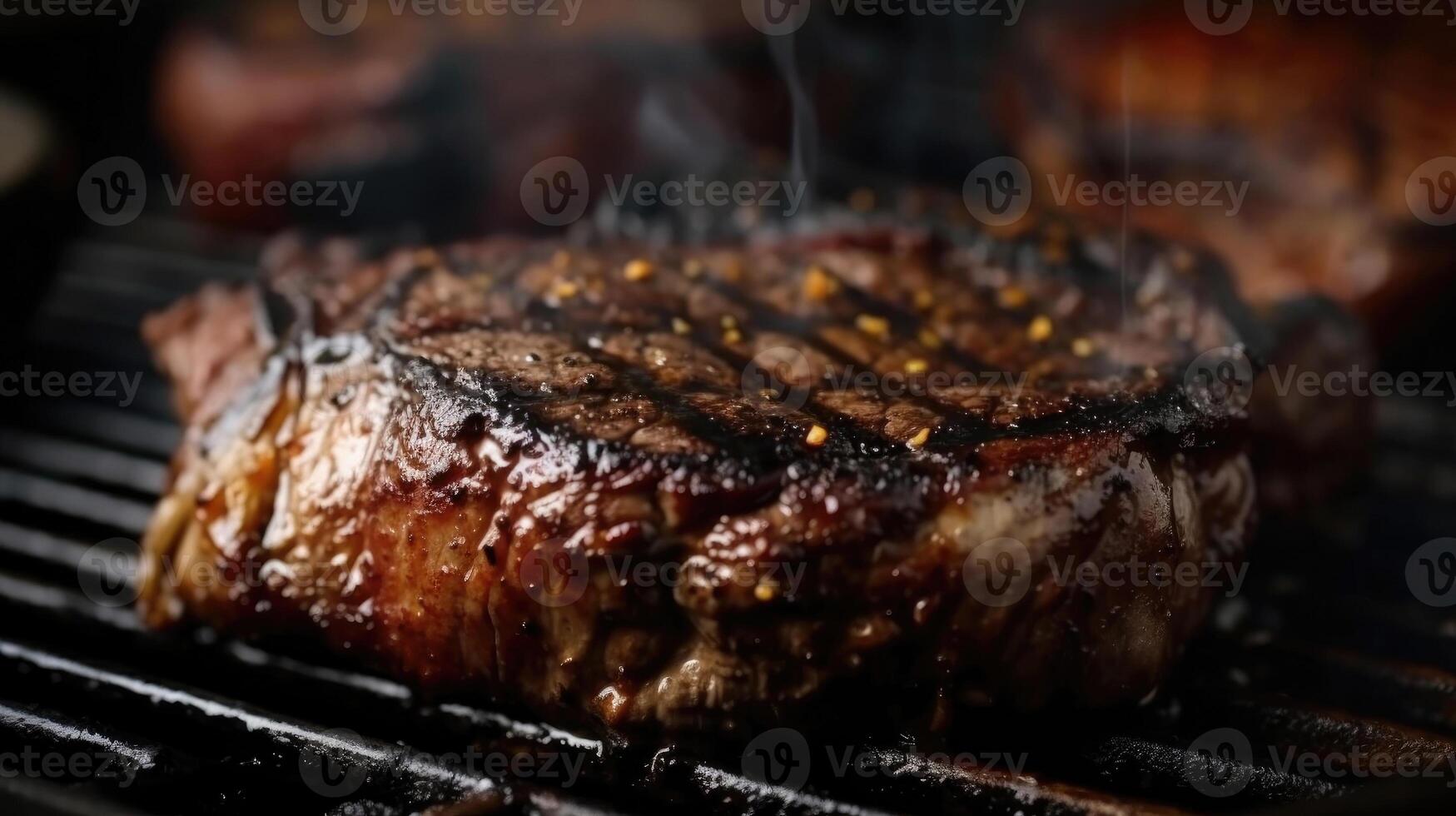 steak sur le gril, dans le Contexte vous pouvez voir le Feu lentement fumant. ai généré illustration photo