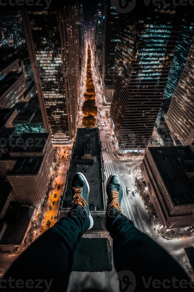 la personne permanent sur une rebord dans le milieu de une ville à nuit. génératif ai. photo