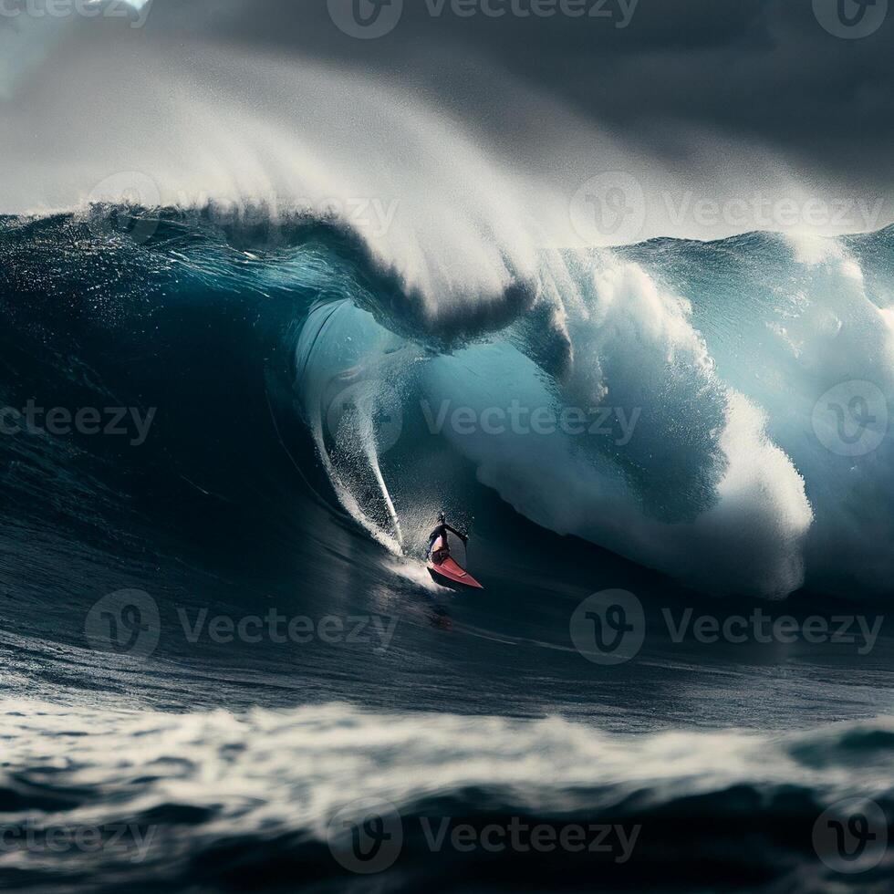 homme équitation une vague sur Haut de une planche de surf. génératif ai. photo