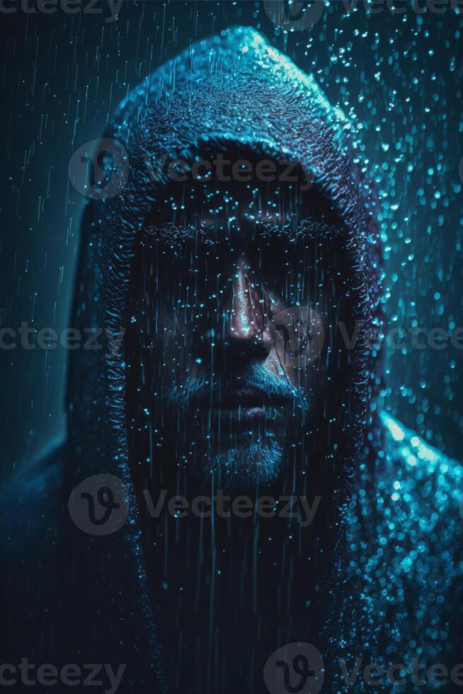 homme dans une sweat à capuche permanent dans le pluie. génératif ai. photo