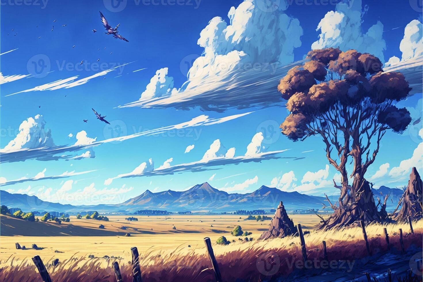 La peinture de une champ avec des oiseaux en volant dans le ciel. génératif ai. photo