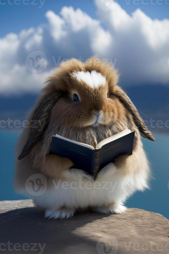 lapin séance sur une rebord en train de lire une livre. génératif ai. photo