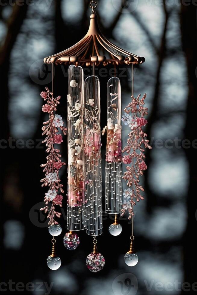 proche en haut de une vent carillon pendaison de une arbre. génératif ai. photo