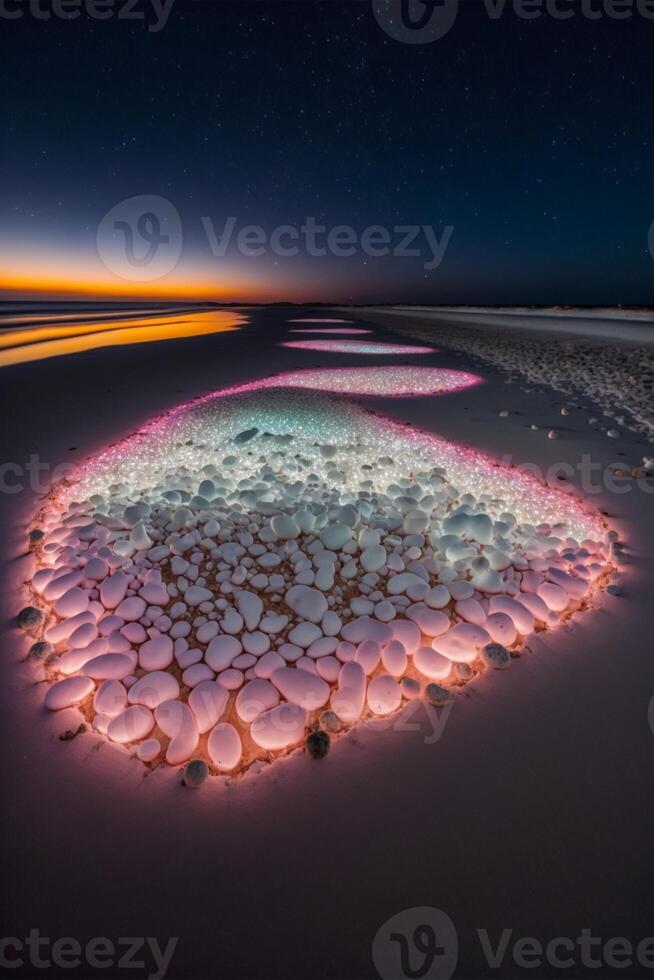 groupe de rochers séance sur Haut de une sablonneux plage. génératif ai. photo