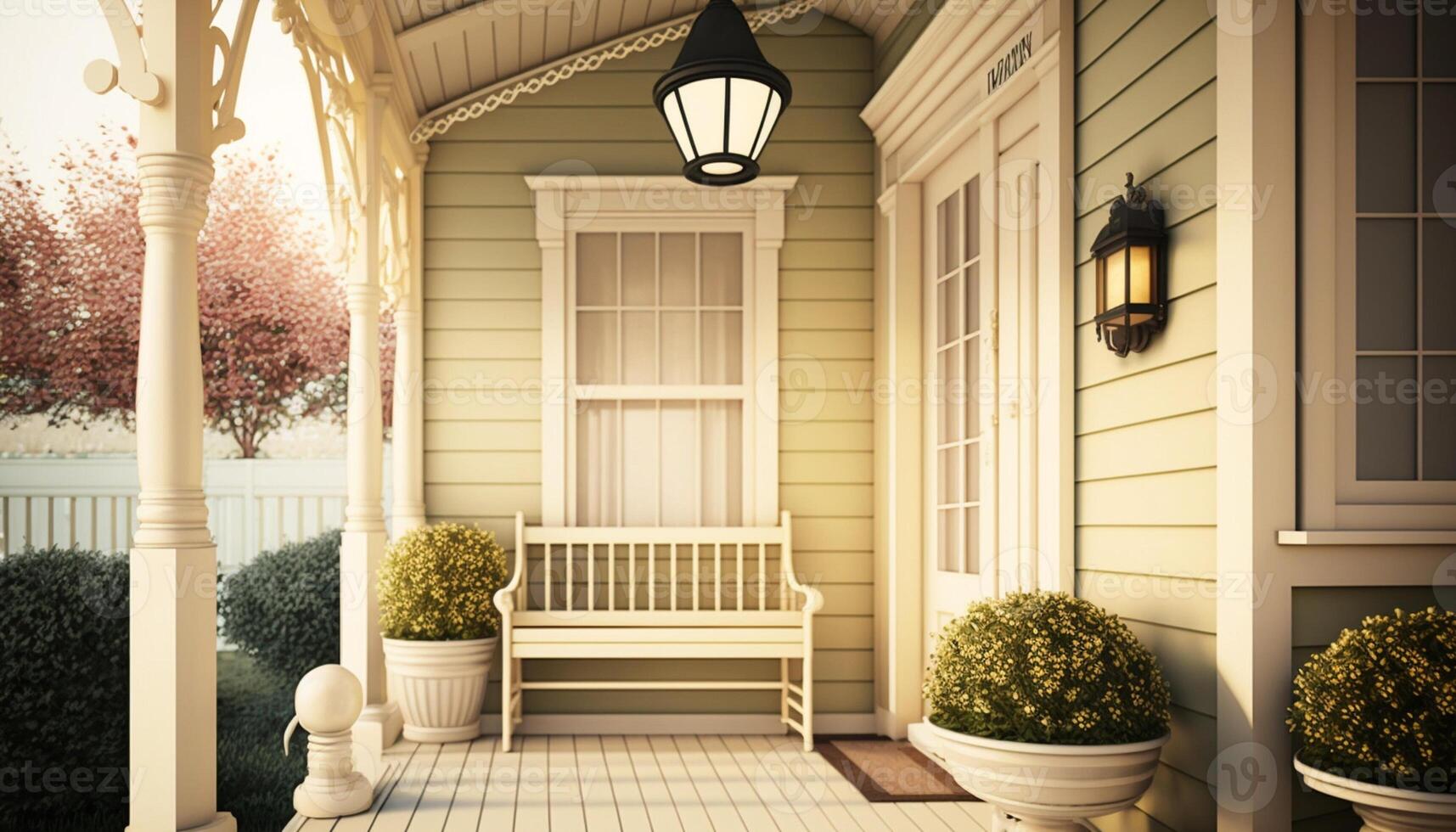 là est une blanc banc sur le porche de maison. génératif ai. photo