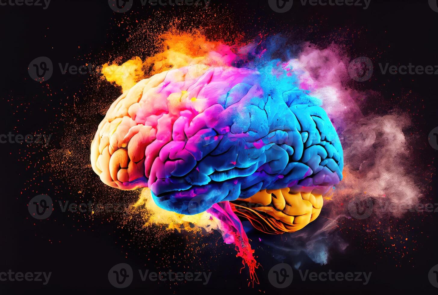 la créativité coloré cerveau exploser avec puissant multicolore par poudre enrobage couleur. numérique art illustration. Profond apprentissage et esprit soufflé concept. génératif ai photo