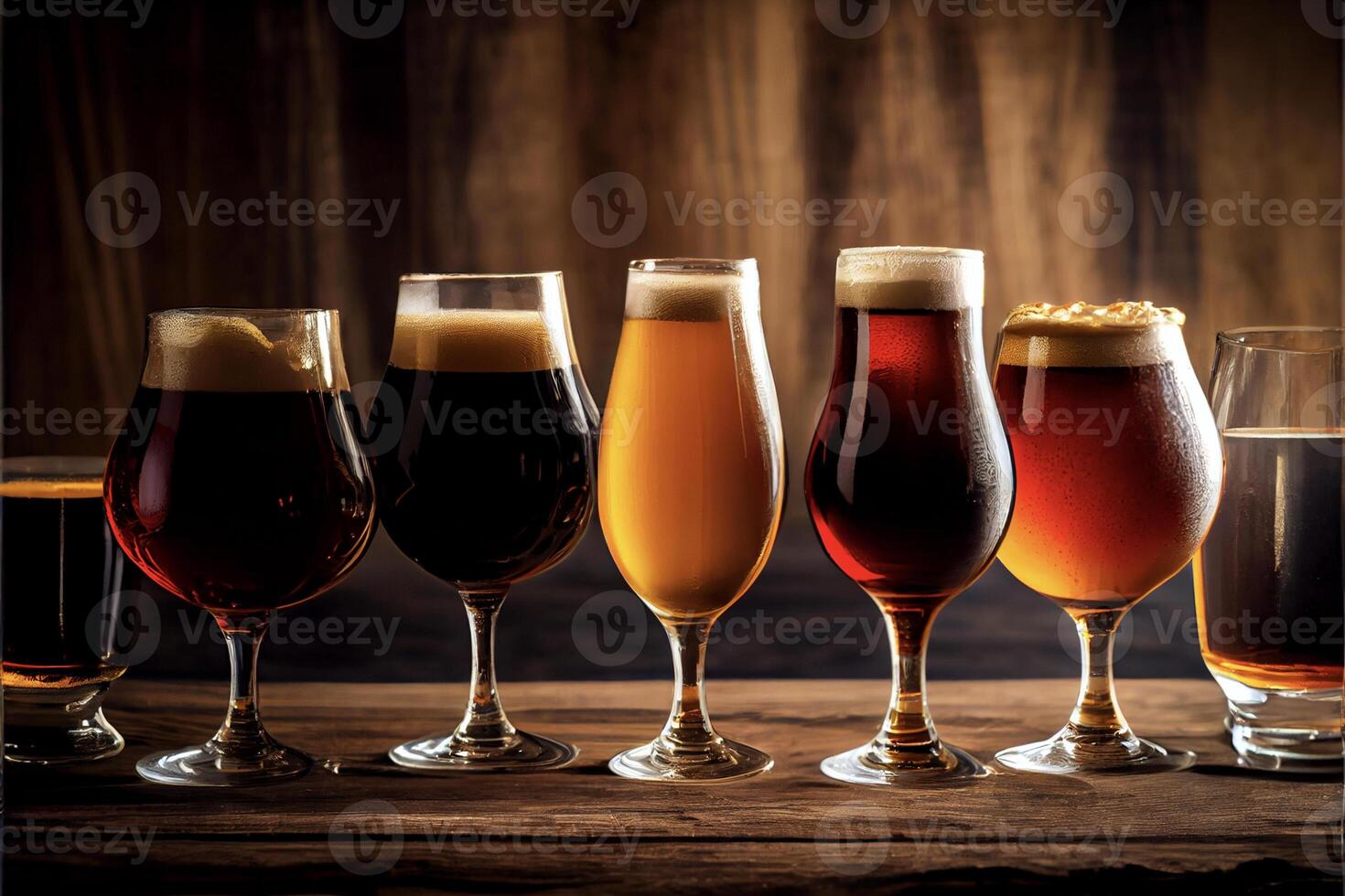 rangée de Bière des lunettes séance sur Haut de une en bois tableau. génératif ai. photo