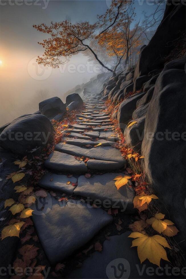 pierre chemin entouré par feuilles sur une brumeux journée. génératif ai. photo