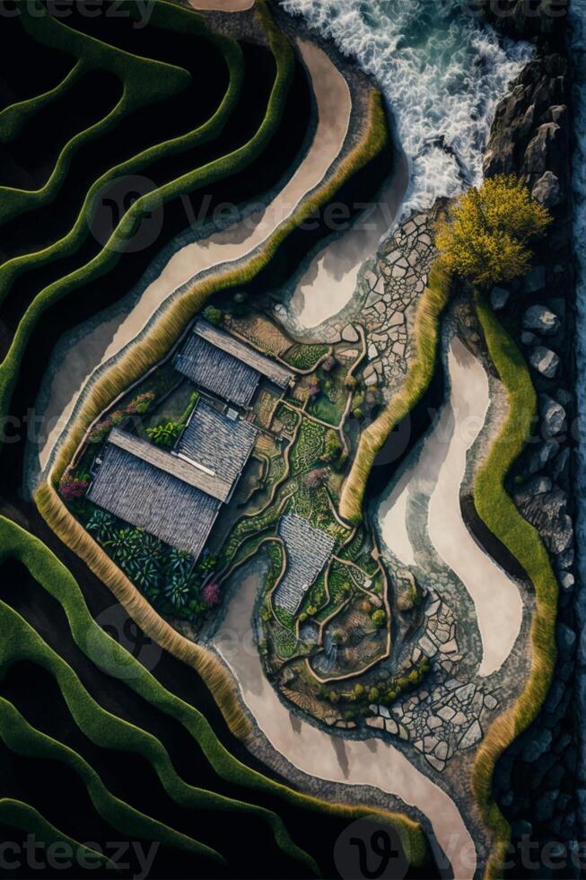 maison séance sur Haut de une luxuriant vert flanc de coteau. génératif ai. photo