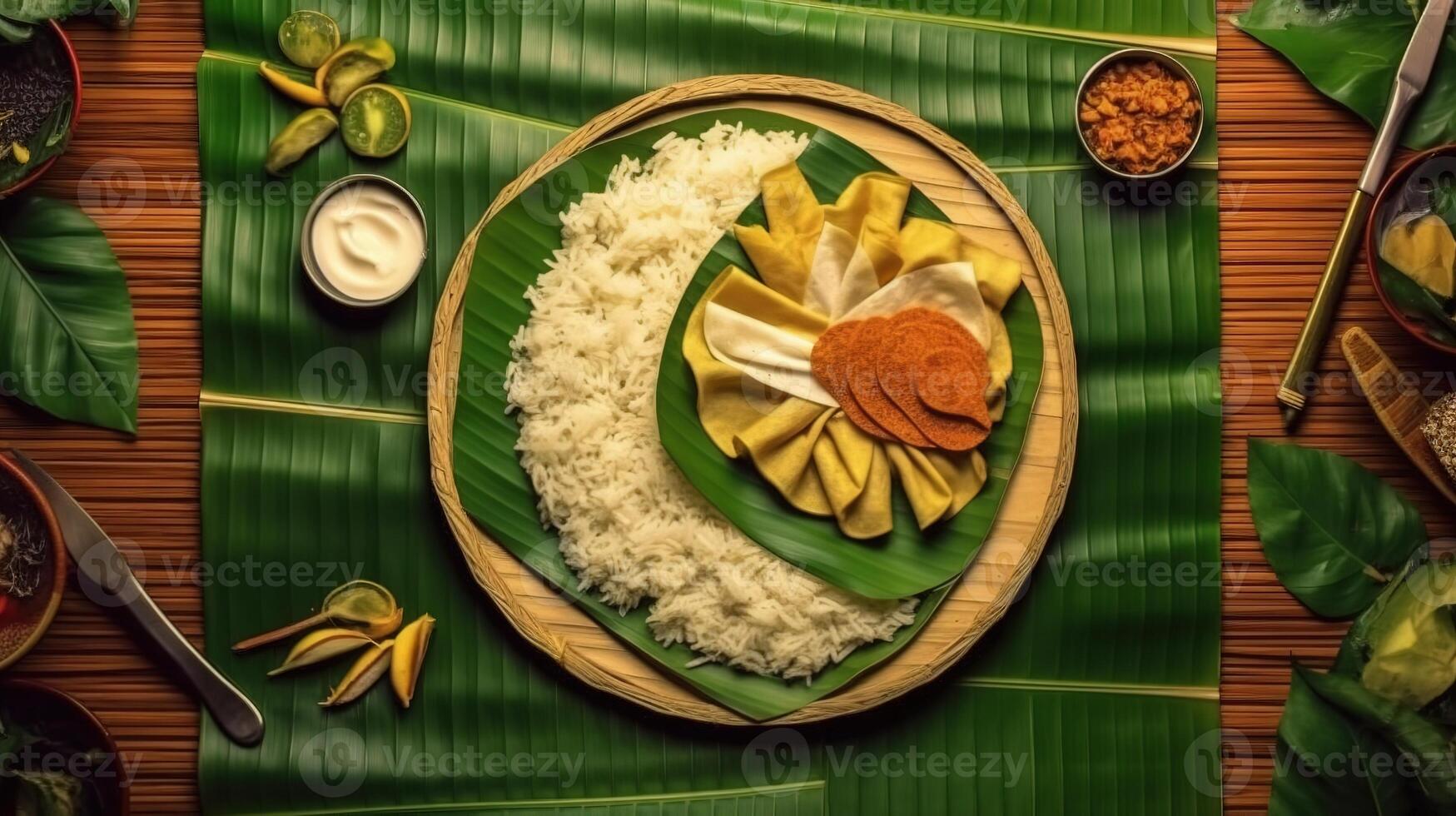 Kerala Festival content onam Contexte avec traditionnel nourriture servi sur banane feuille. ai généré. photo