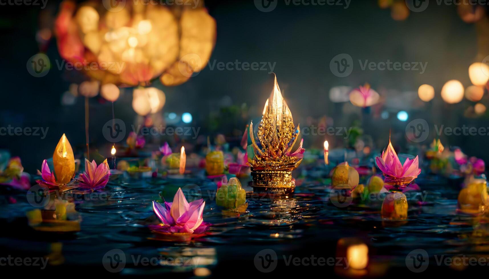 loy Krathong Festival avec coloré bougies lumière et plein lune dans Thaïlande Contexte. flottant rituel banane feuilles navire ou lampe et lotus fleur dans le l'eau traditionnel. génératif ai photo