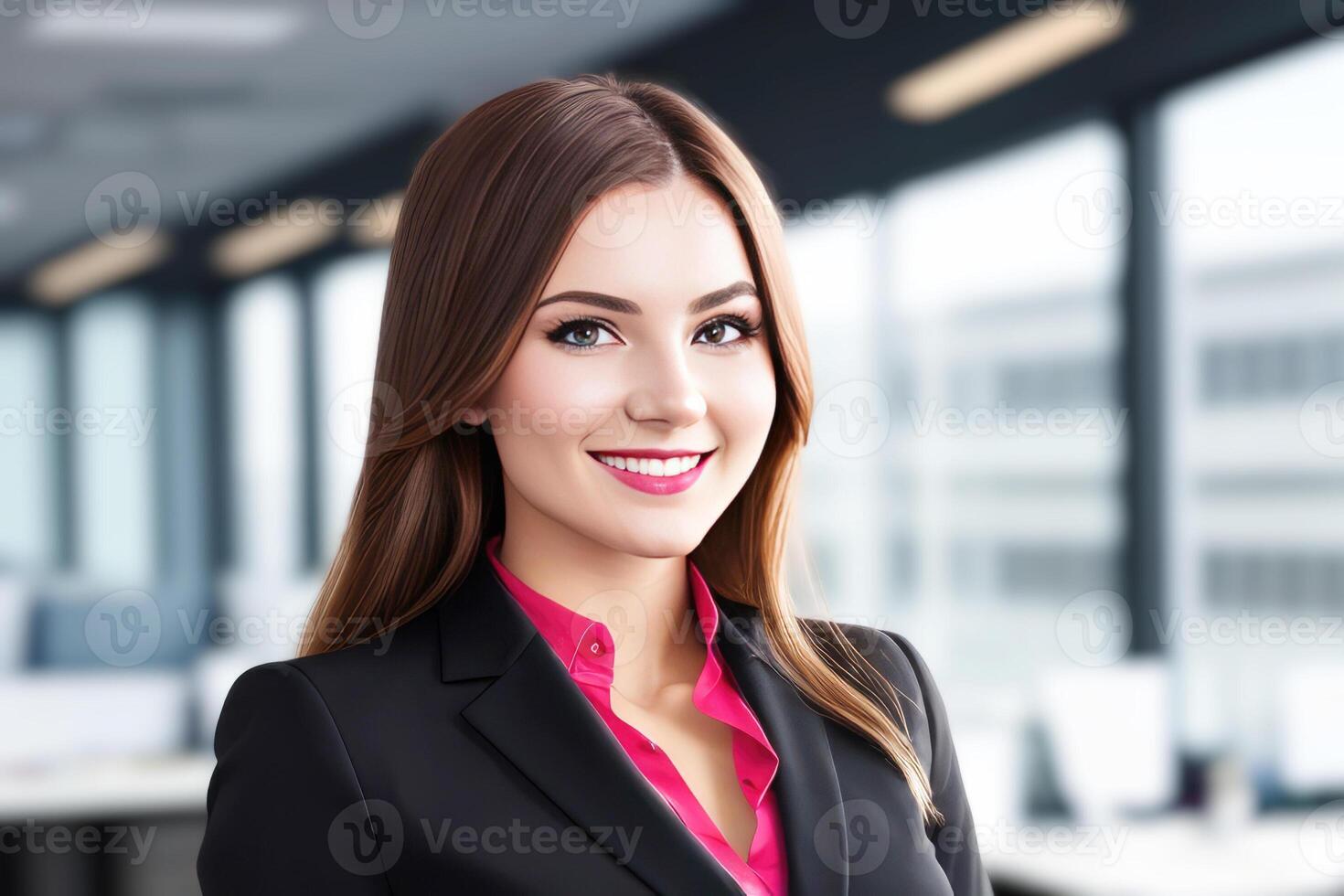 Jeune souriant femme d'affaires, permanent dans brouiller Contexte de bureau. génératif ai photo