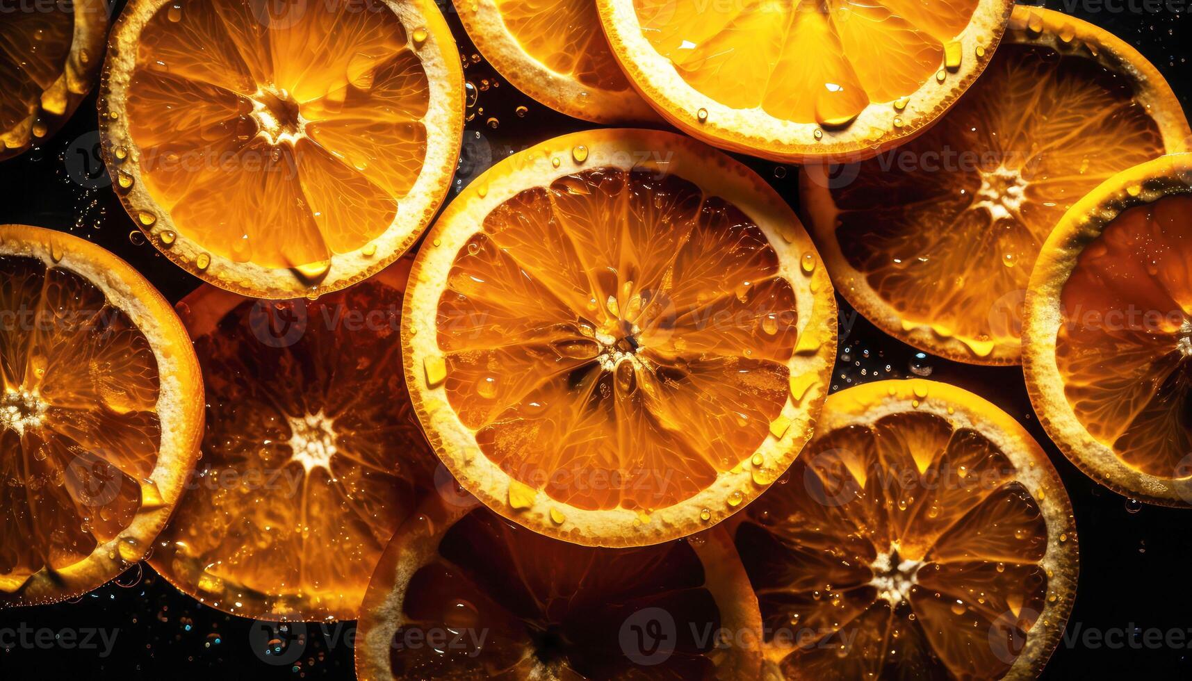 proche en haut de nettoyer Couper des oranges avec l'eau laissez tomber dans foncé noir Contexte. Frais fruit et légume concept. nutrition et vitamine thème. génératif ai photo