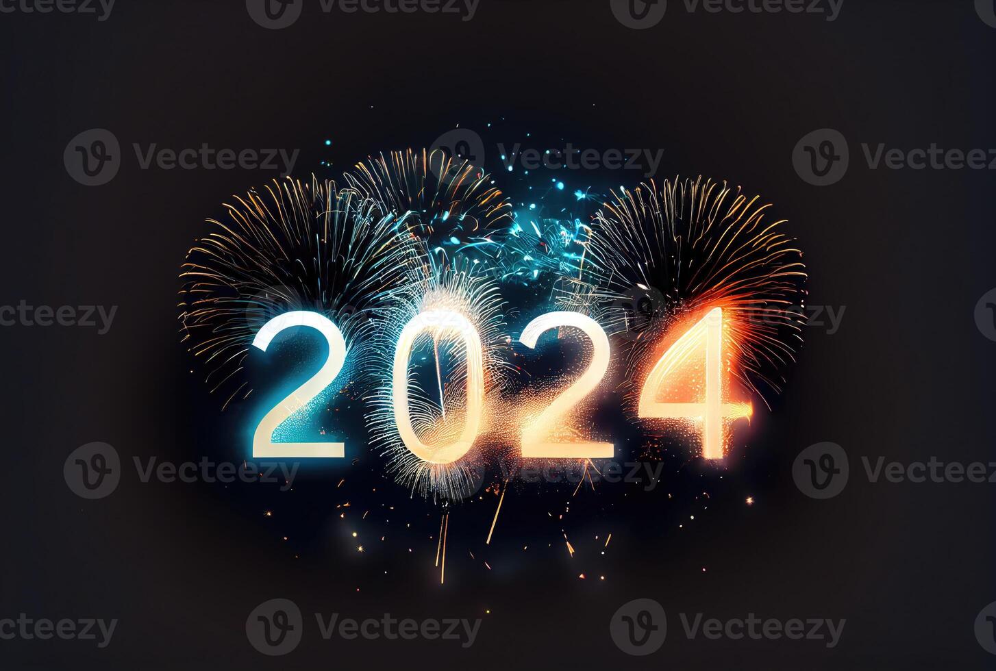 2024 Nouveau année fête avec coloré feux d'artifice sur foncé Contexte. content Nouveau année le année de dragon et salutation carte concept. génératif ai photo