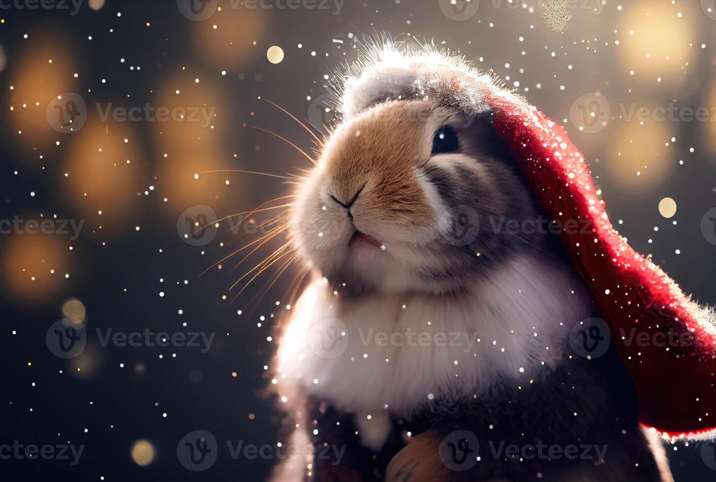 lapin lapin dans Père Noël claus costume et brillant bokeh Contexte. animal et vacances concept. génératif ai photo