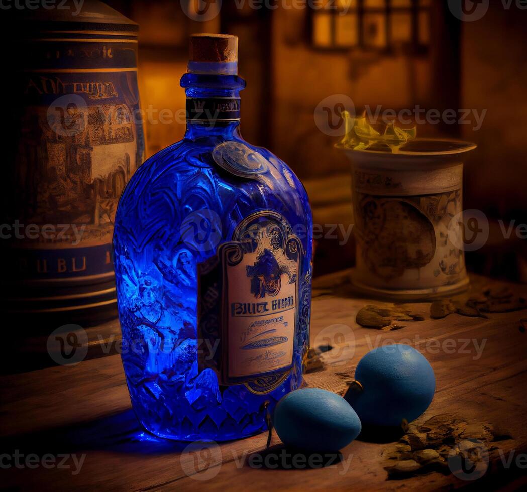 bleu bouteille de de l'alcool sur le tableau. ai généré photo