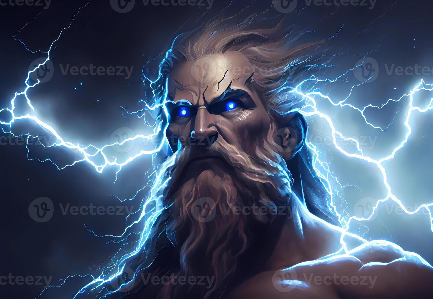 portrait de Zeus contre le Contexte de des nuages et foudre. ai généré photo