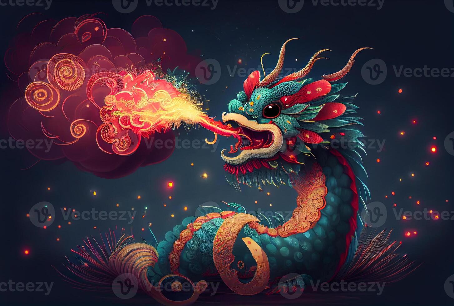 chinois mignonne dragon avec Feu feux d'artifice à fête fête Contexte. génératif ai photo