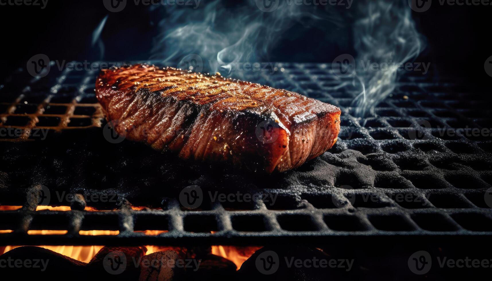 proche en haut de grillé steak sur le gril avec flamme dans foncé noir Contexte. nourriture recette et ingrédient concept. génératif ai photo