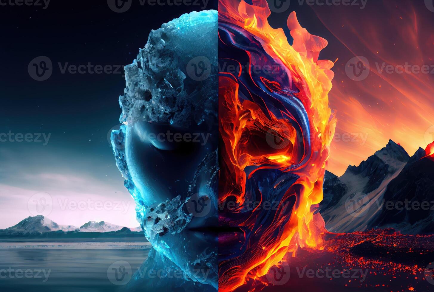 moitié Feu et moitié la glace Humain visage masque avec le ciel et Montagne Contexte. métaphore et conflit concept. génératif ai photo