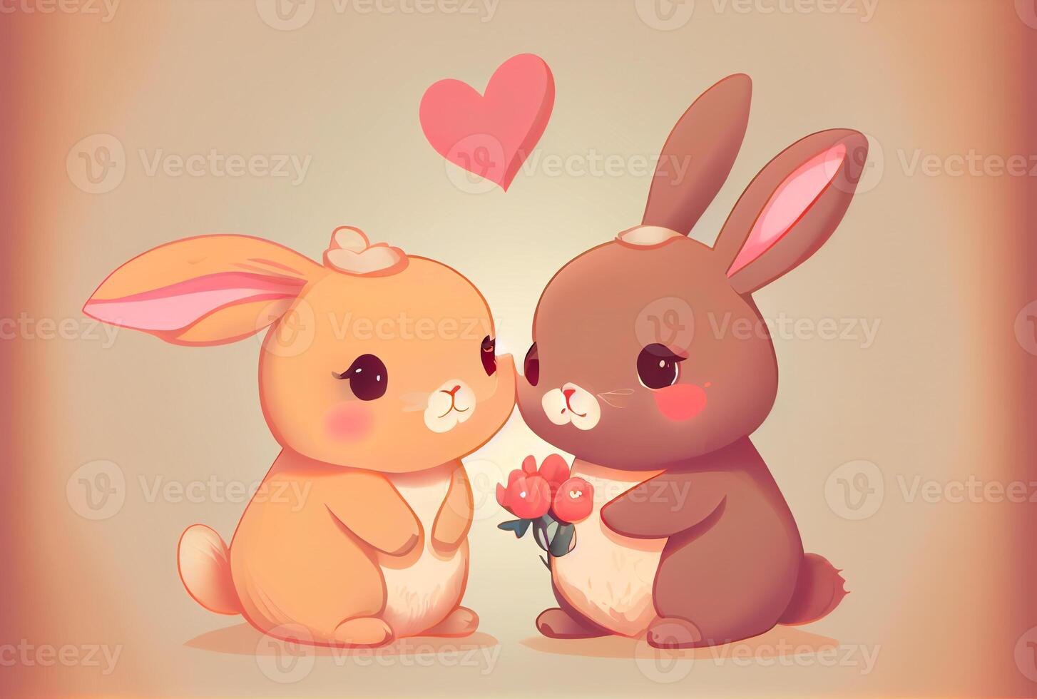 mignonne dessin animé lapin couple avec rouge cœur Contexte dans valentines journée. génératif ai photo