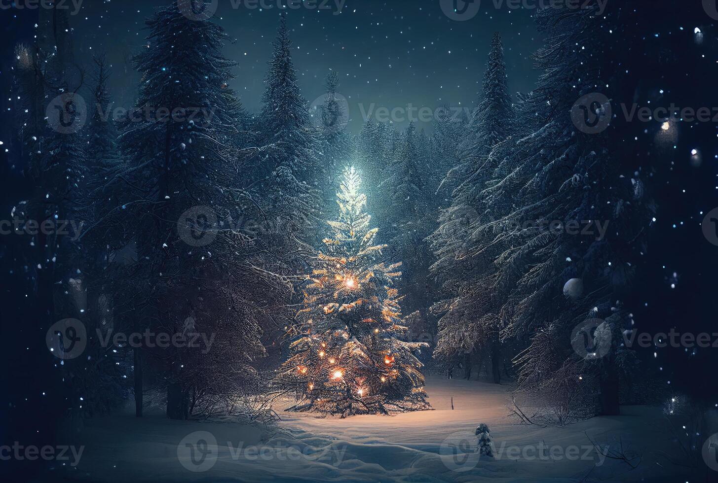 décoré enchanté Noël arbre avec éclairage embrasé éclairage dans neigeux hiver Contexte. vacances et Festival concept. génératif ai photo