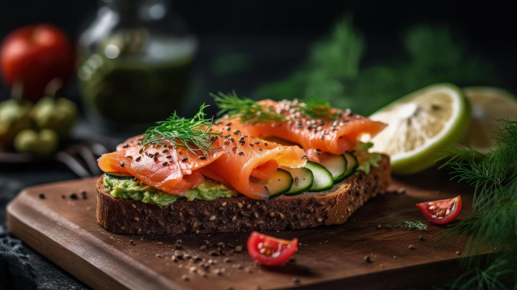 Avocat et fumé Saumon pain grillé illustration ai génératif photo