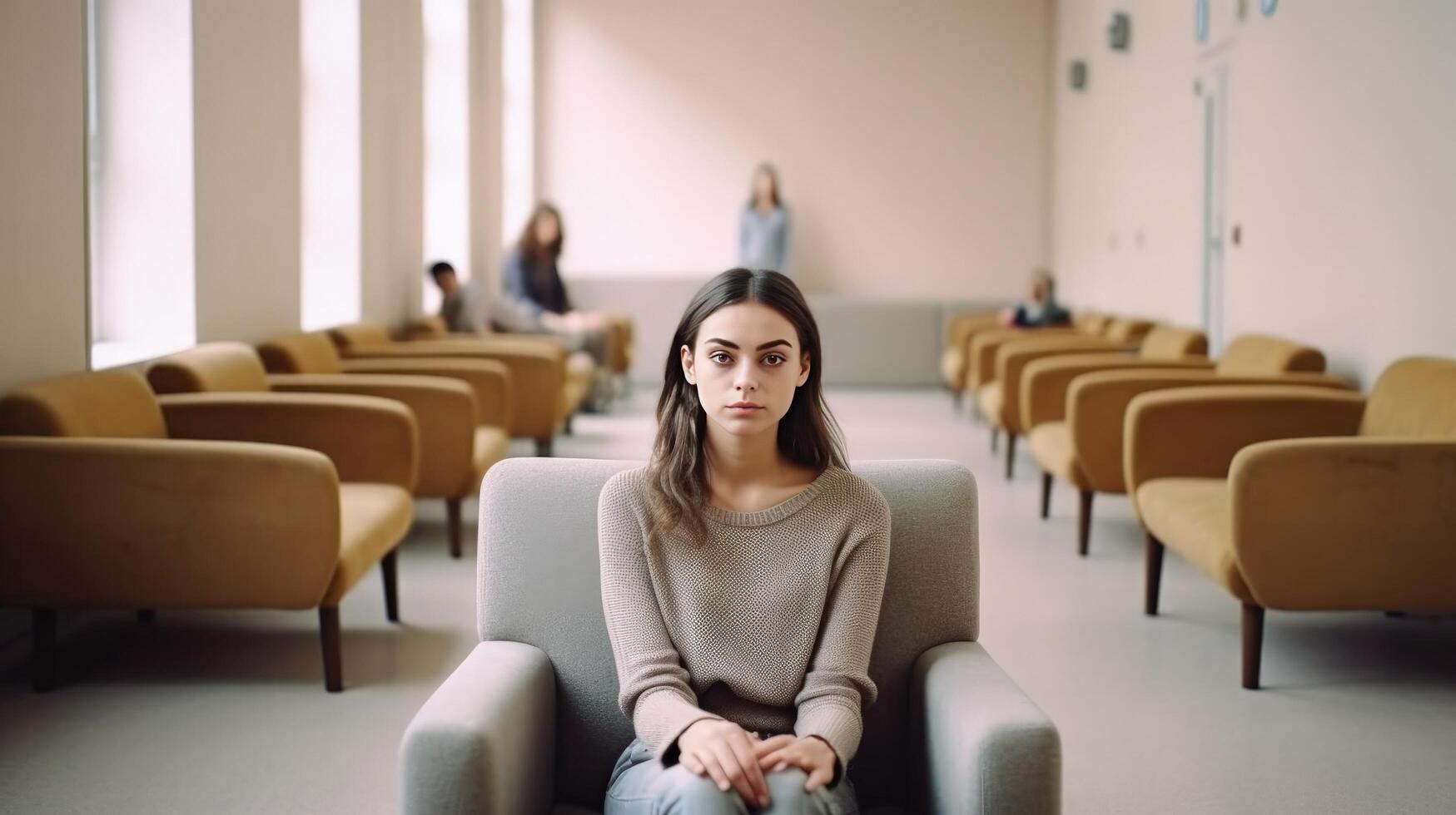 Jeune femme attendre pour entretien à l'intérieur illustration ai génératif photo