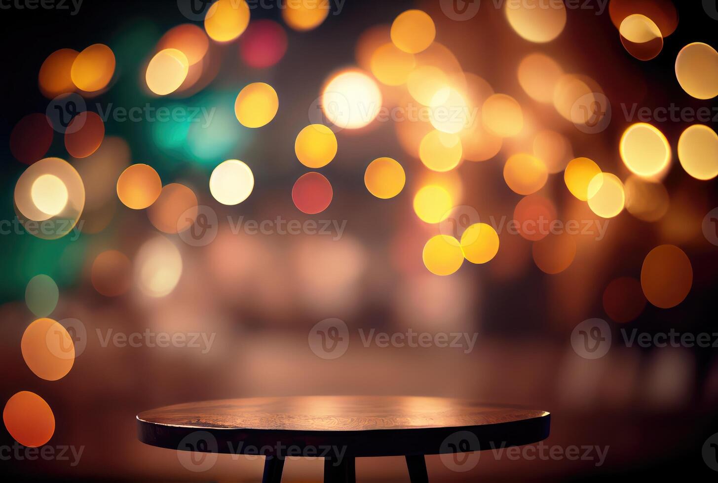 table Haut dans le nuit fête avec coloré bokeh Contexte. modèle et décoration concept. numérique art illustration. génératif ai photo