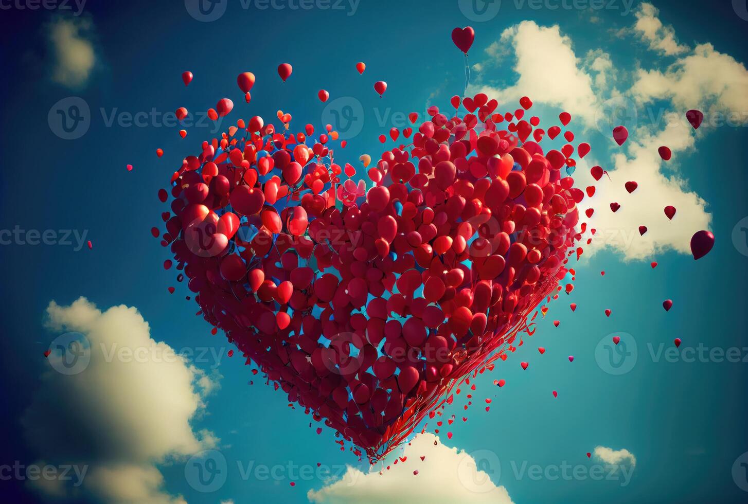 beaucoup rouge ballon dans cœur forme particules en volant sur le air avec bleu ciel Contexte. valentines journée concept. génératif ai photo