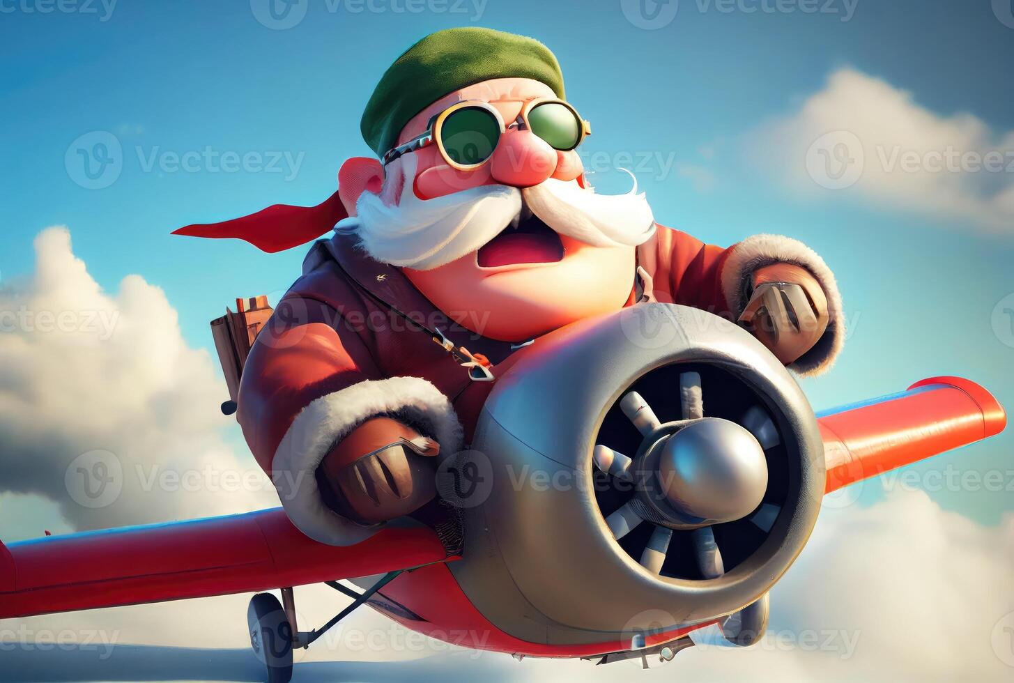 Père Noël claus en volant sur une hélice avion au dessus le bleu ciel et nuageux Contexte. joyeux Noël et content Nouveau année concept. numérique art illustration. génératif ai photo