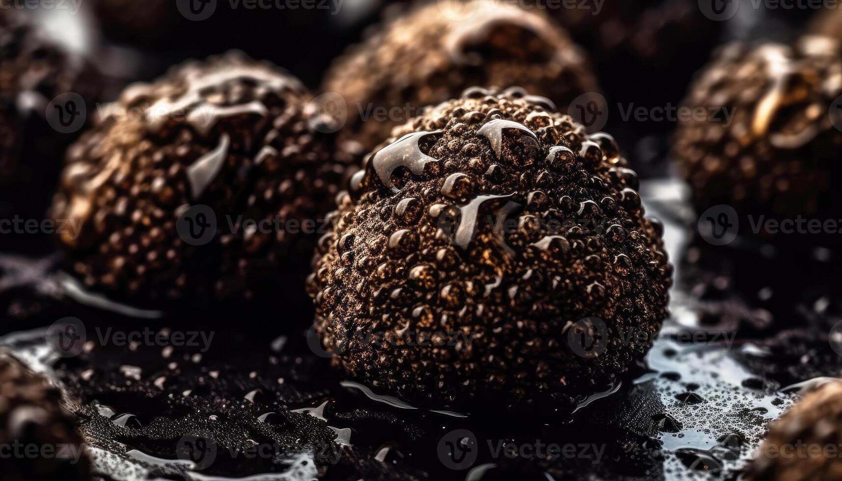 proche en haut de nettoyer noir truffe avec l'eau laissez tomber dans foncé noir Contexte. Frais fruit et légume concept. nutrition et vitamine thème. génératif ai photo